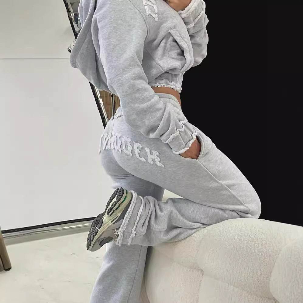 Buycenter Casual Cropped Hoodie Trousers Suit - Light Gray Street Style - Buy Center