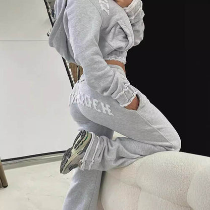 Buycenter Casual Cropped Hoodie Trousers Suit - Light Gray Street Style - Buy Center