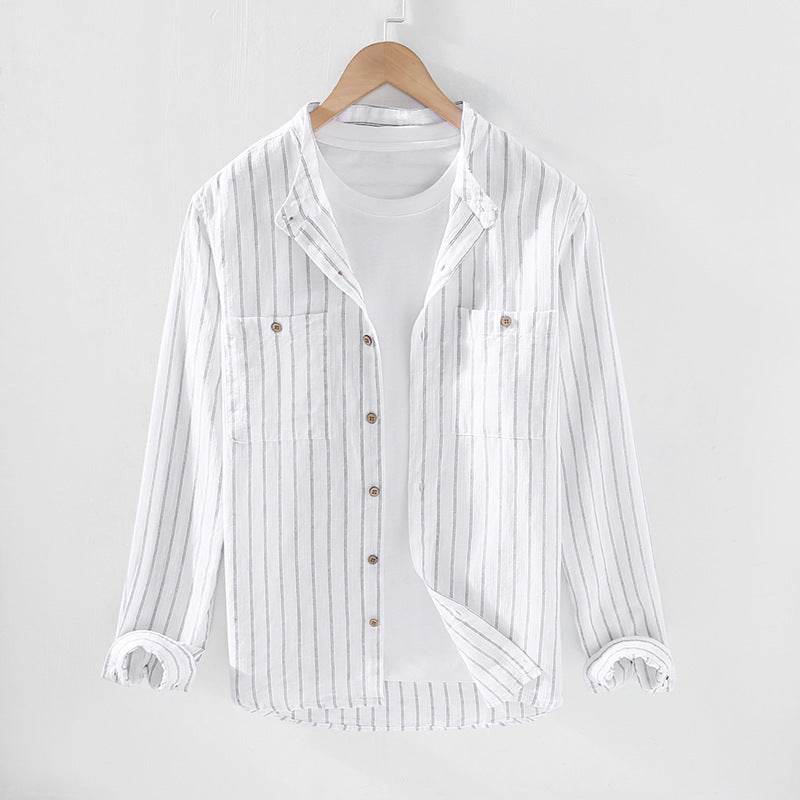 Striped Chinese Style Blouse - Elegant Stand Collar, Long Sleeve Cotton Linen - Buy Center
