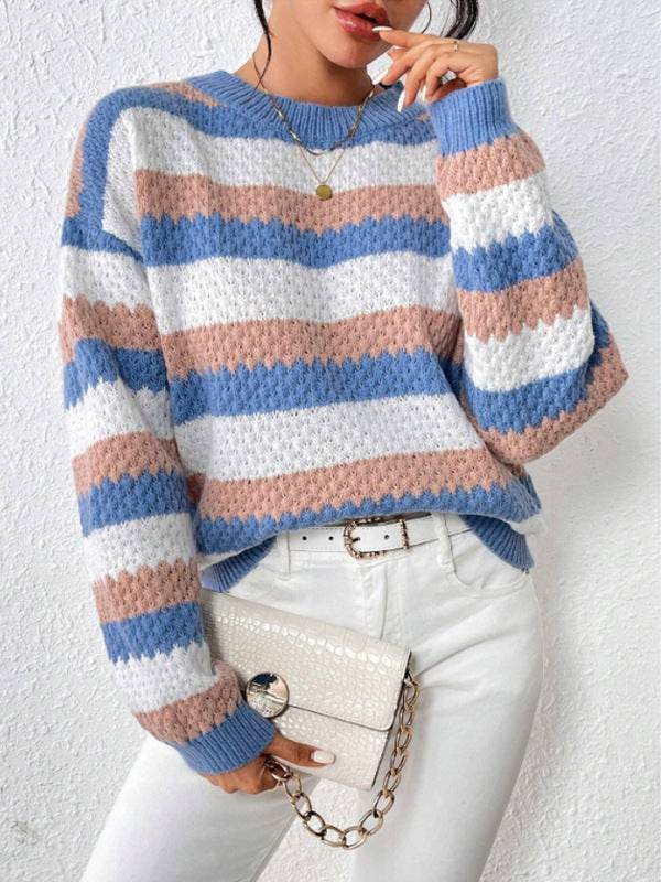 Buycenter Striped Casual Sweater - Round Neck, Long Sleeve for Women - Buy Center