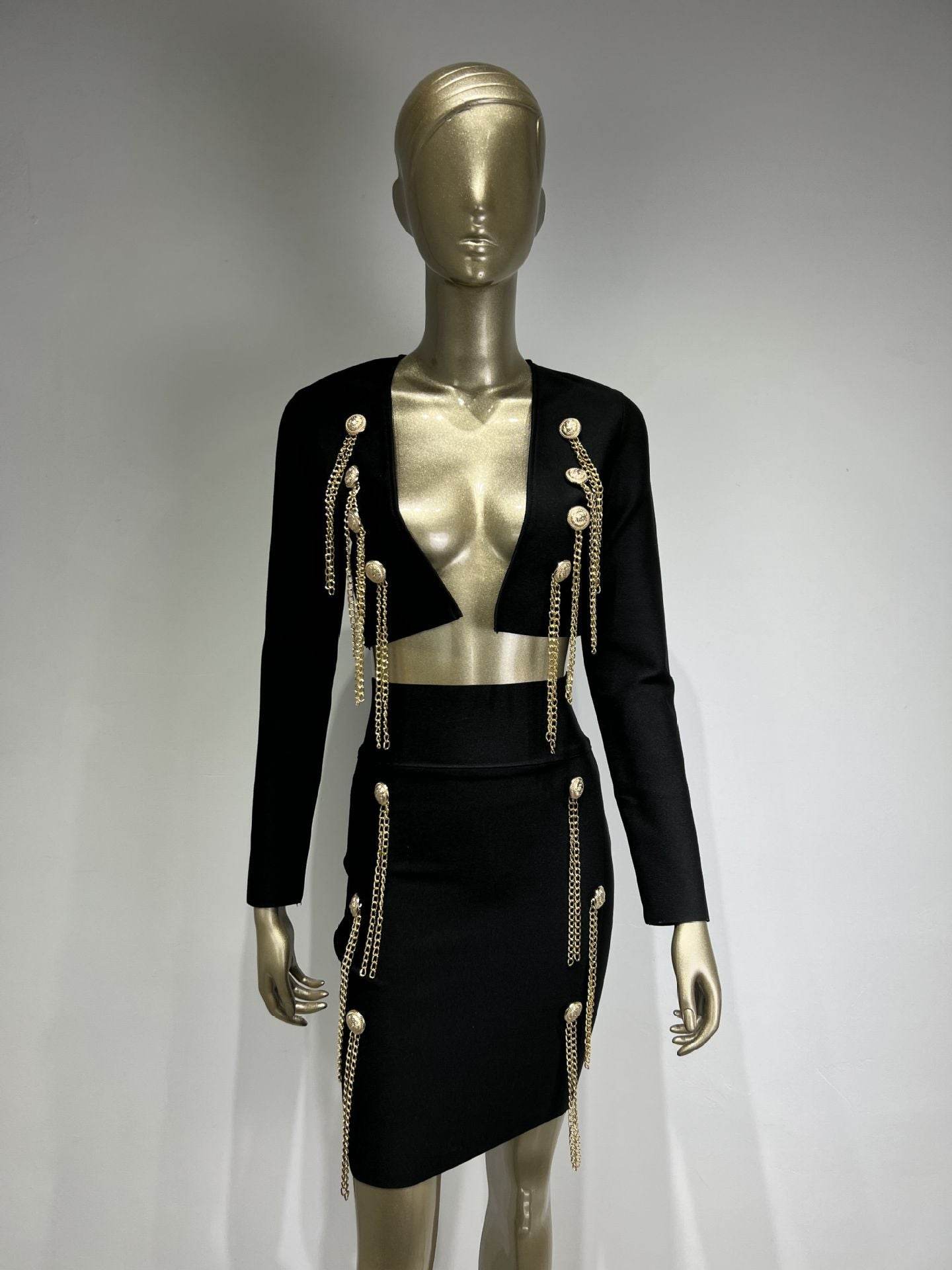 Buycenter Long Sleeve Bandage Suit - Stylish Button Chain Jumpsuit - Buy Center