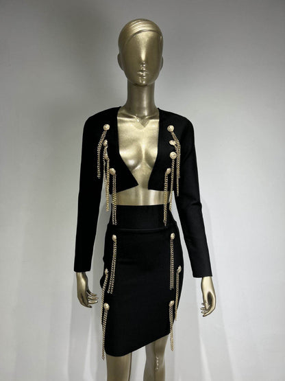 Buycenter Long Sleeve Bandage Suit - Stylish Button Chain Jumpsuit - Buy Center