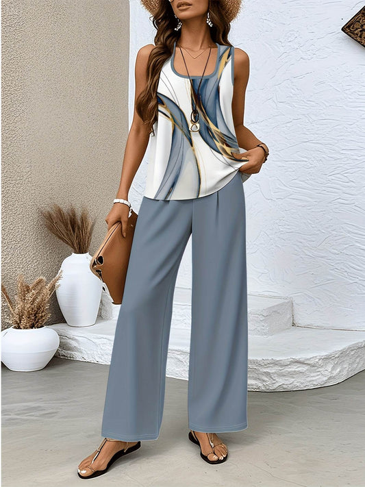 Women's Floral Print Set - Square Neck Vest & Wide Leg Pants Set - Buy Center
