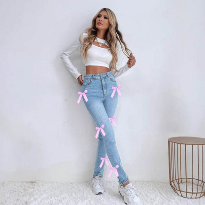 Buycenter Women's Bow Stretch Jeans - Comfortable Denim Leggings in Blue - Buy Center