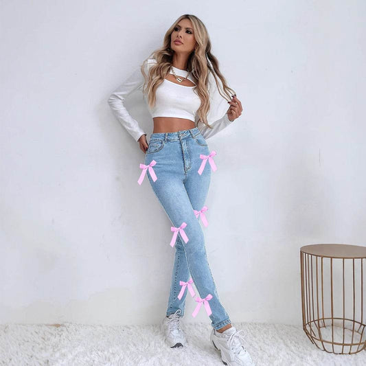 Buycenter Women's Bow Stretch Jeans - Comfortable Denim Leggings in Blue - Buy Center