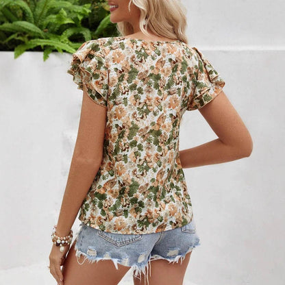 Buycenter Women's Floral Print Short Sleeve Shirt - Summer Fashion Ruffled Top - Buy Center