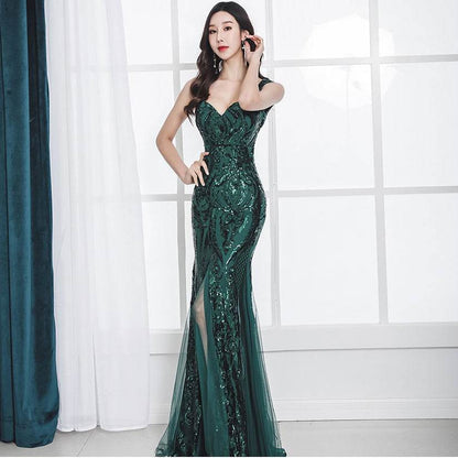 Buycenter Fishtail Long Summer Dress - Sequins Evening Banquet Gown - Buy Center