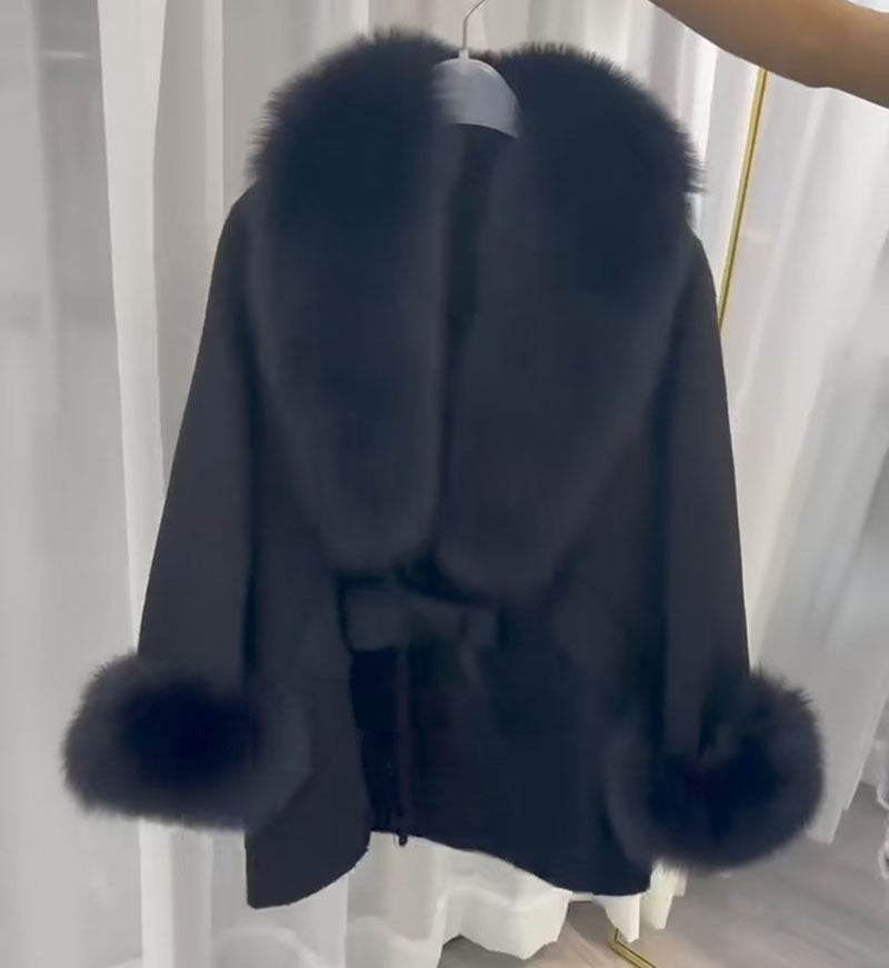 Buycenter Real Wool Autumn Cape Top - Loose Fit with Fur Collar - Buy Center