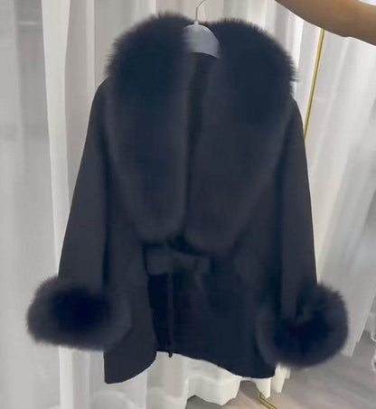 Buycenter Real Wool Autumn Cape Top - Loose Fit with Fur Collar - Buy Center