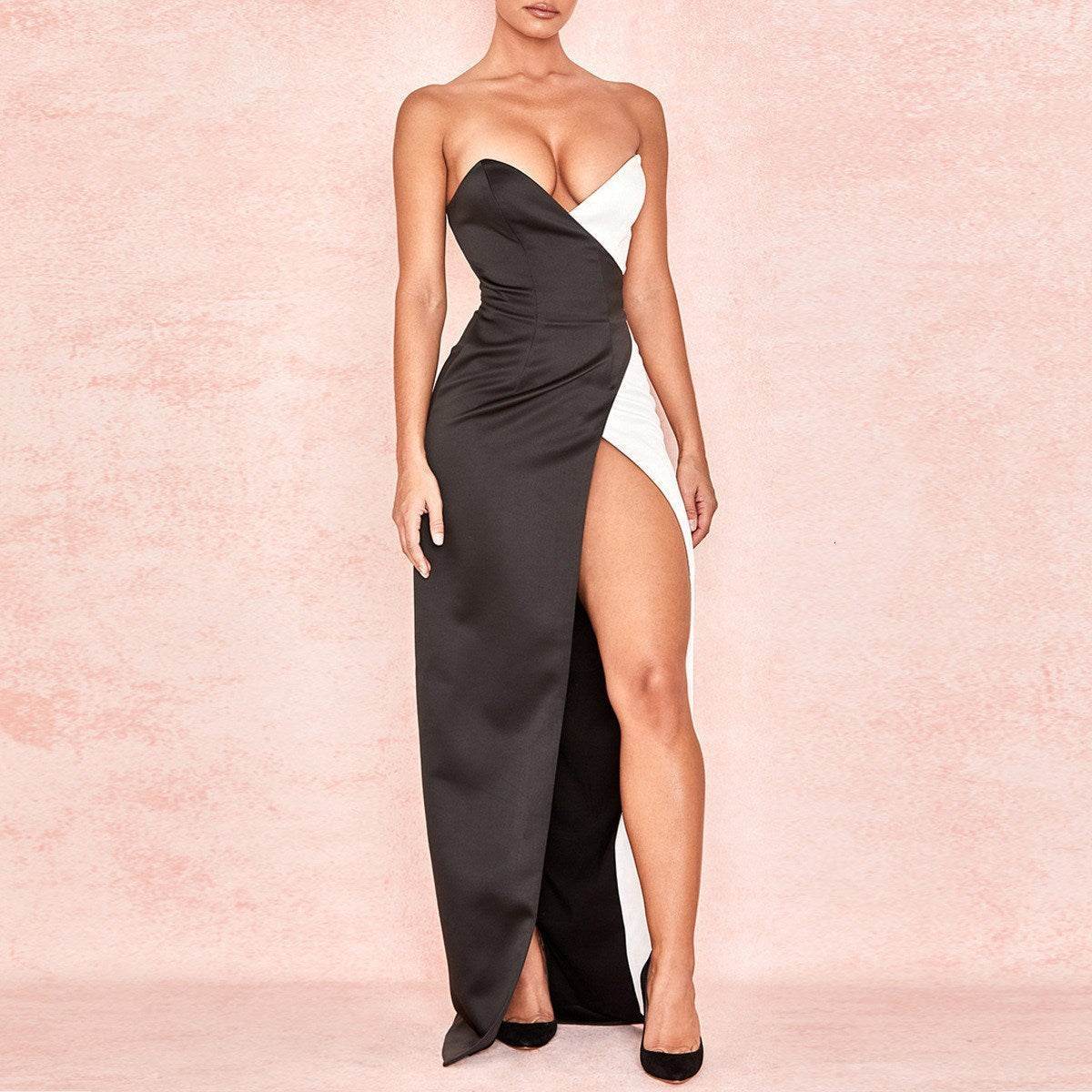 Buycenter Sexy Black & White Prom Dress - Stylish Stitching Design - Buy Center