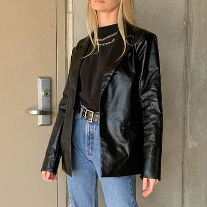 Buycenter Casual PU Leather Lapel Jacket - Stylish Medium Length for Everyday Wear - Buy Center