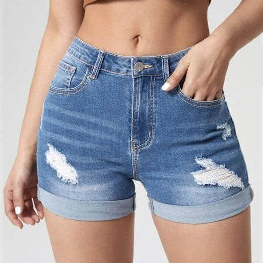 Buycenter Women's High Waist Denim Shorts - Curling Holes, Street Fashion - Buy Center
