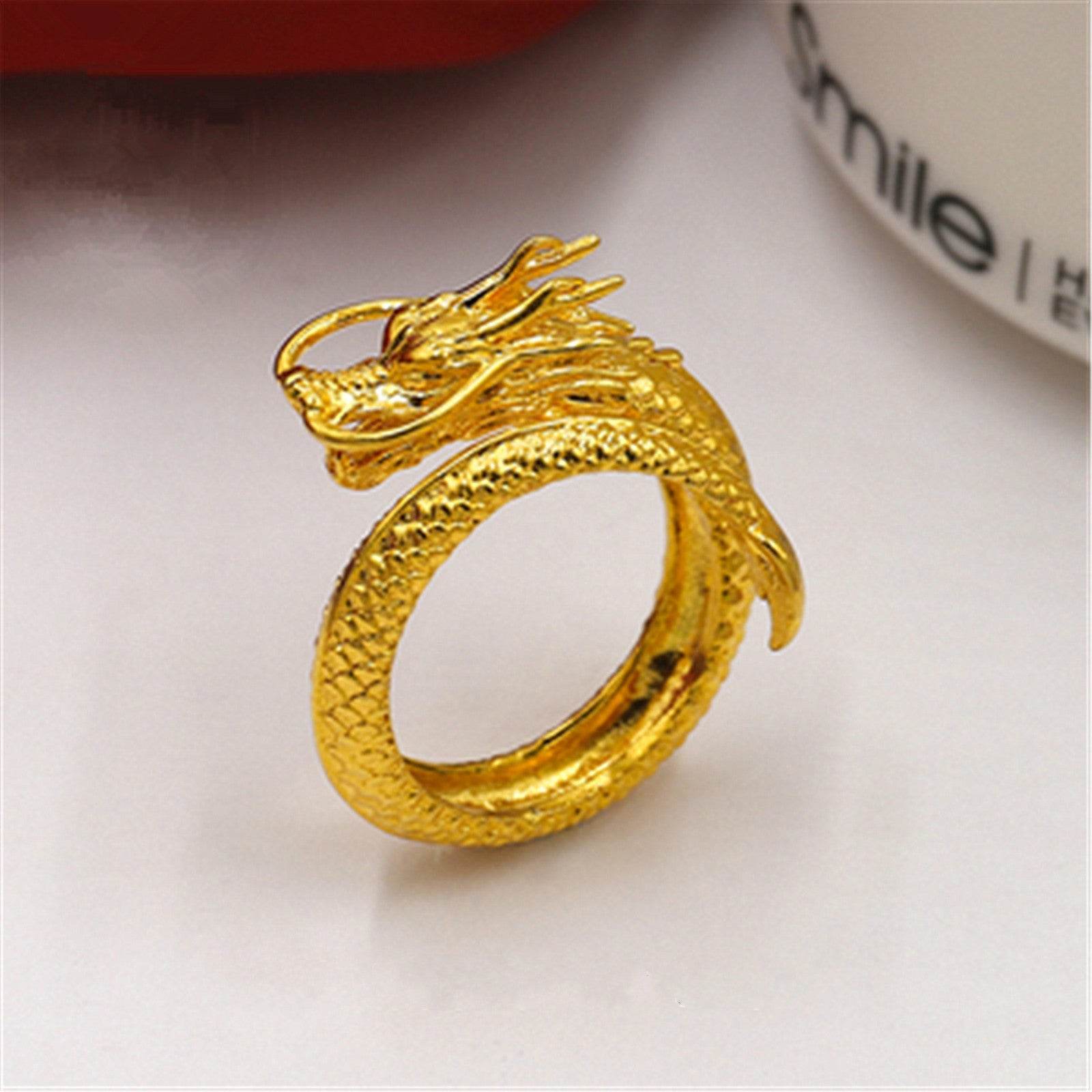 Dragon and Phoenix Lovers Ring - Adjustable Gold Plated Copper Jewelry - Buy Center