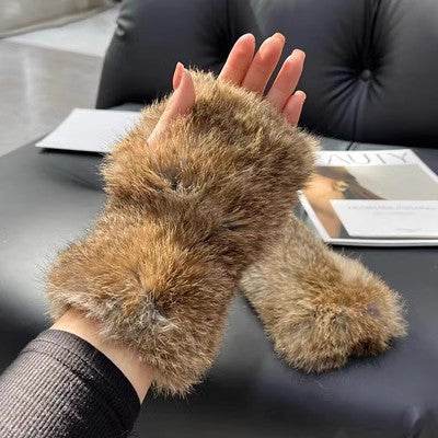 Sweet Warm Rex Rabbit Fur Gloves - Cozy Half Finger Design for Winter - Buy Center