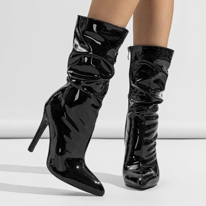 Buycenter Patent Leather Stiletto Heels - Stylish Mid-Calf Boots for Women - Buy Center
