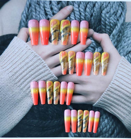 Extra Long Ballerina Fake Nails - 24 Pcs Orange Gradient Gold Foil - Buy Center