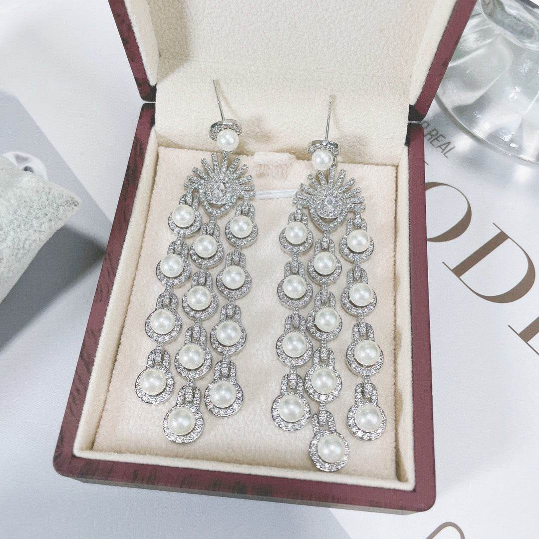 Stunning Micro Inlay Zircon Beaded Fringe Earrings - Elegant Bridal Jewelry - Buy Center