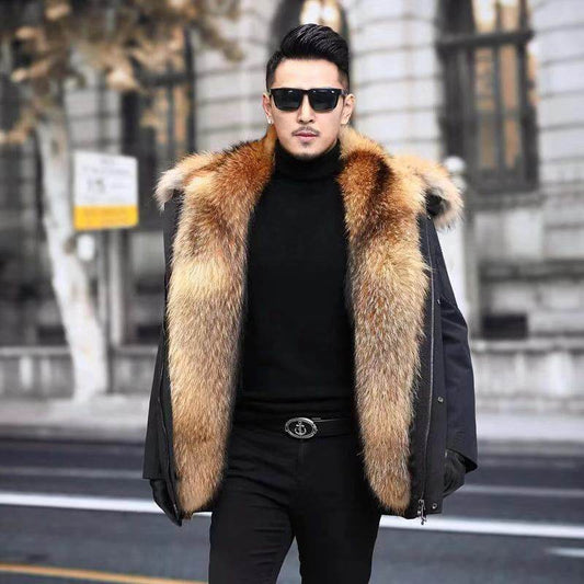 Korean Mid-Length Faux Fur Coat - Hooded Raccoon Liner Slim Fit Style - Buy Center