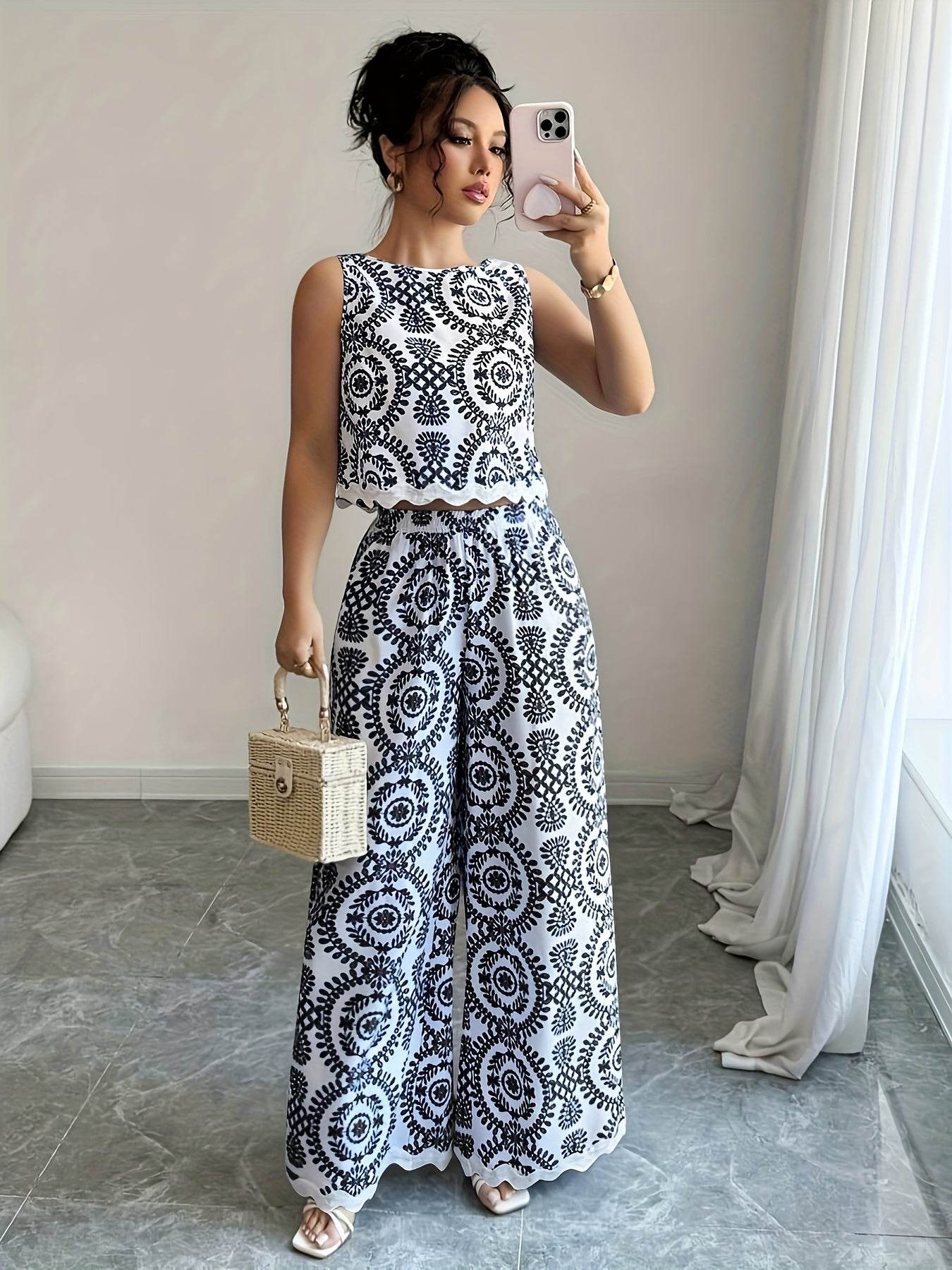 Elegant Women's 2pcs Set - Plant Pattern Top & Pants for All Seasons - Buy Center