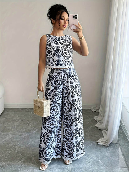 Elegant Women's 2pcs Set - Plant Pattern Top & Pants for All Seasons - Buy Center