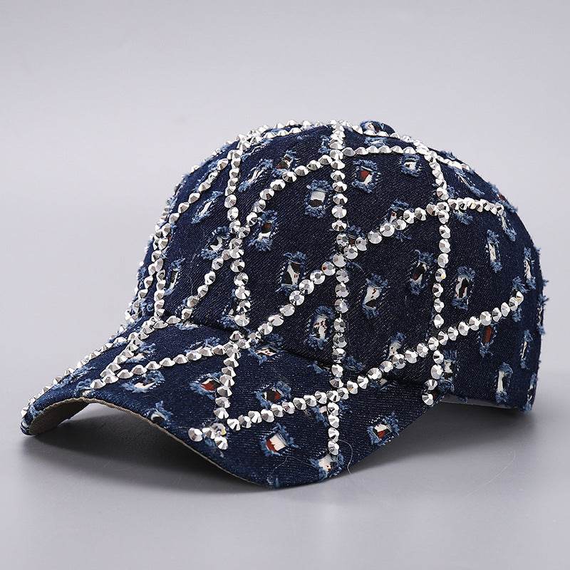 Ripped Diamond Denim Baseball Cap - Trendy Leopard Rhinestone Design - Buy Center