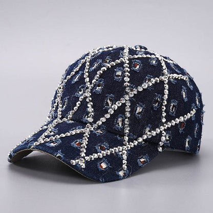 Ripped Diamond Denim Baseball Cap - Trendy Leopard Rhinestone Design - Buy Center