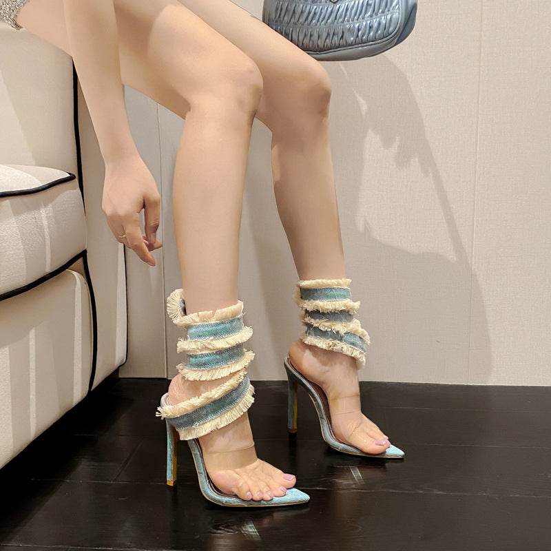 Roman Denim Snake Pointed-Toe Stiletto Sandals - Chic & Comfortable Look - Buy Center