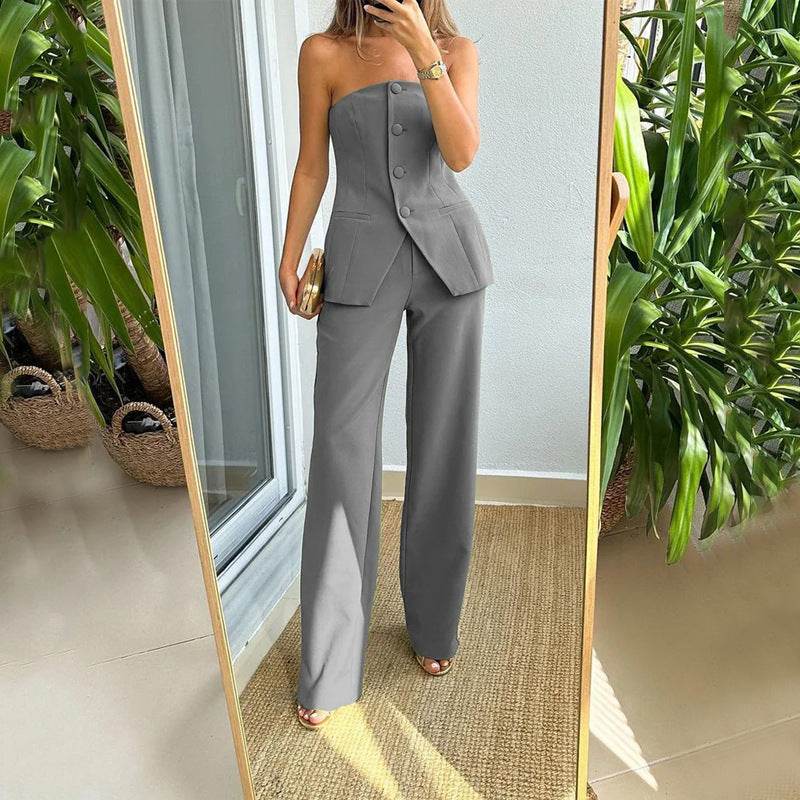 Elegant Casual Tailored Suit - Stylish Tube Top & Trousers for Women - Buy Center