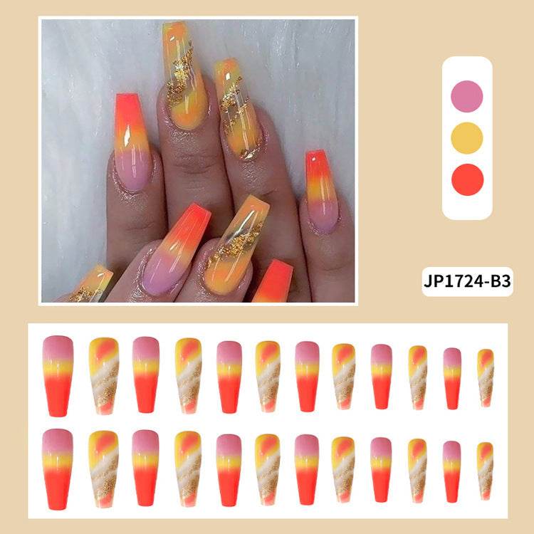 Extra Long Ballerina Fake Nails - 24 Pcs Orange Gradient Gold Foil - Buy Center