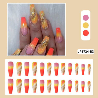 Extra Long Ballerina Fake Nails - 24 Pcs Orange Gradient Gold Foil - Buy Center