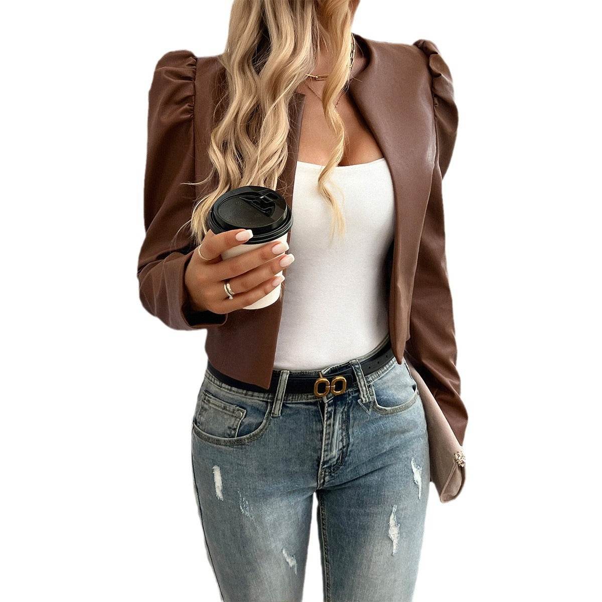 Women's Solid Color Leather Cardigan - Stylish Versatile Coat for All Seasons - Buy Center