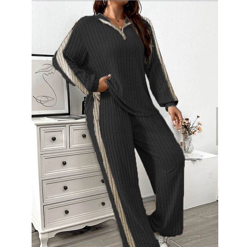 Women's Casual Two-Piece Set - Cozy Sweater & Wide Leg Pants Outfit - Buy Center