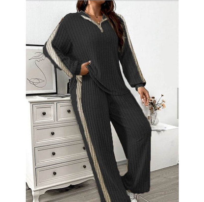Women's Casual Two-Piece Set - Cozy Sweater & Wide Leg Pants Outfit - Buy Center