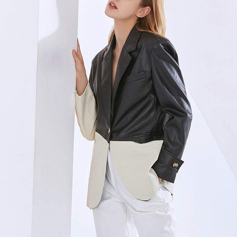 Buycenter Ladies PU Leather Suit Jacket - Stylish Loose Stitching Design - Buy Center