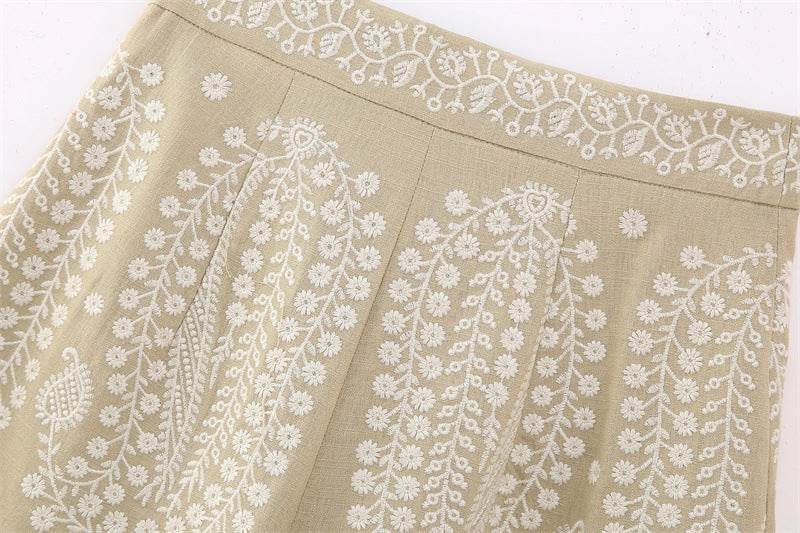 Buycenter Women's Casual A-Line Wide Leg Pants - High Waist, Embroidered Style - Buy Center