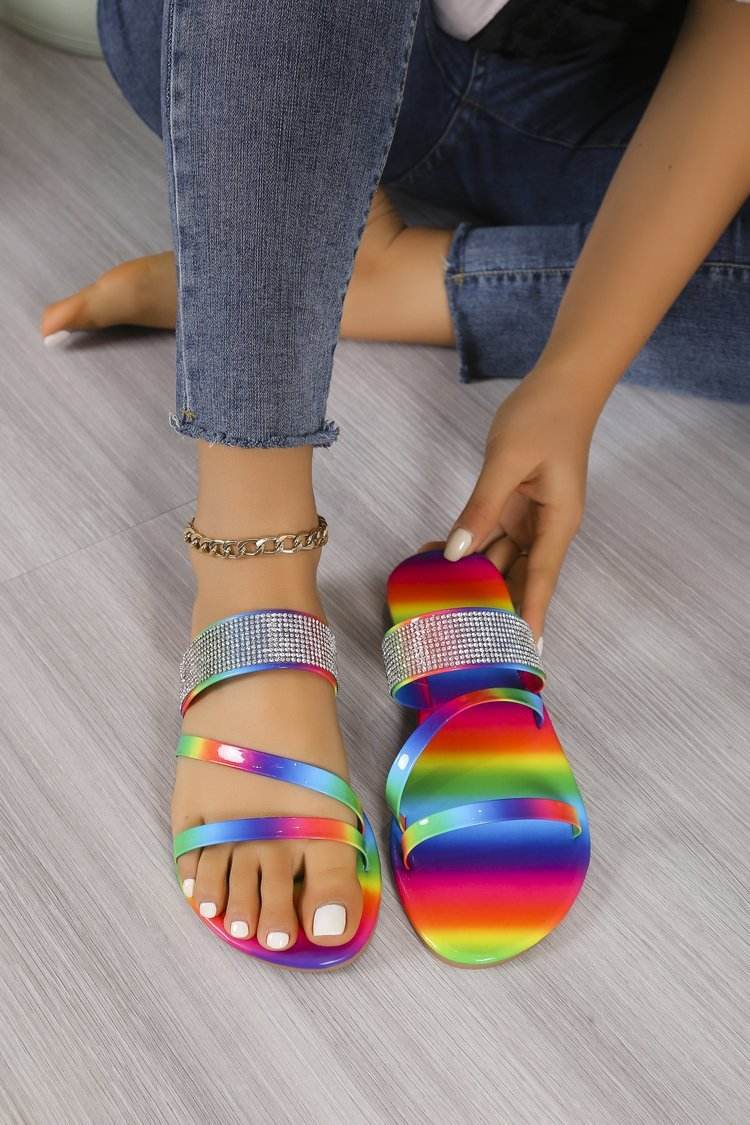 Buycenter Rhinestone Flat Slippers - Round Toe, Lightweight Casual Style - Buy Center