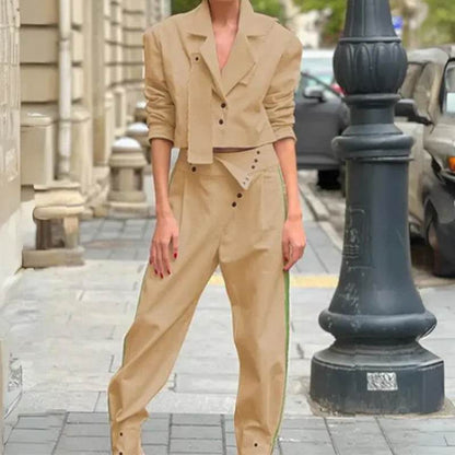 Elegant Solid Color Trousers Suit - Stylish Lapel Jumpsuit Set 2025 - Buy Center