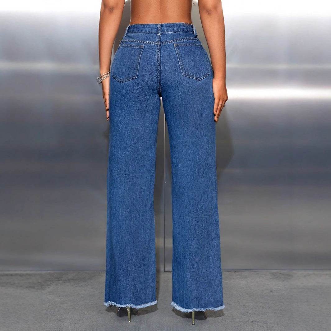 Women's Ripped Wide Leg Denim Trousers - High Waist Dark Blue Jeans - Buy Center