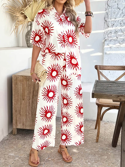 Summer Bohemian Color-Block Shirt & Wide-Leg Pants Set - Elegant Style - Buy Center