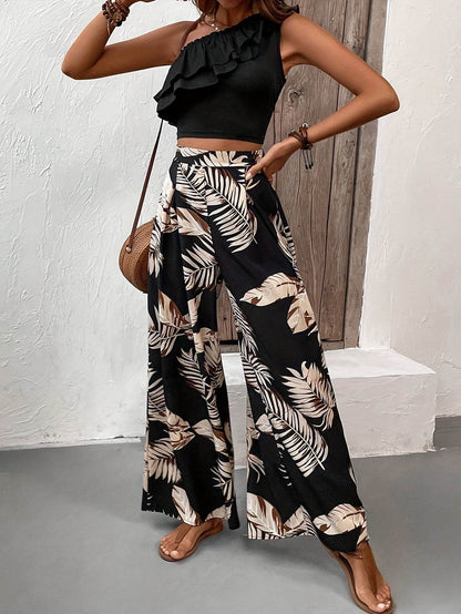 Elegant Women's Off-Shoulder Ruffle Top & Tropical Pants Set - Buy Center