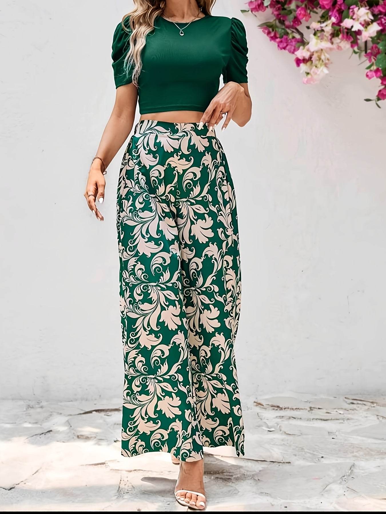 Women's Short Sleeve Top & Floral Pants Set - Elegant Spring Style - Buy Center