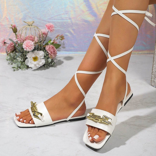 Buycenter Women's Lace-up Chain Sandals - Square-toe Flat Summer Shoes - Buy Center
