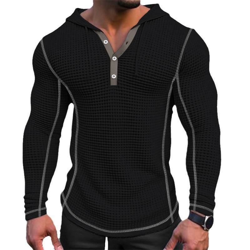Men's Waffle Button Hoodie T-Shirt Top - Casual Long Sleeve Fashion - Buy Center