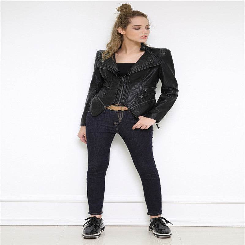 Buycenter Slim Leather Jacket - Punk Style, Zipper Closure, Long Sleeve - Buy Center