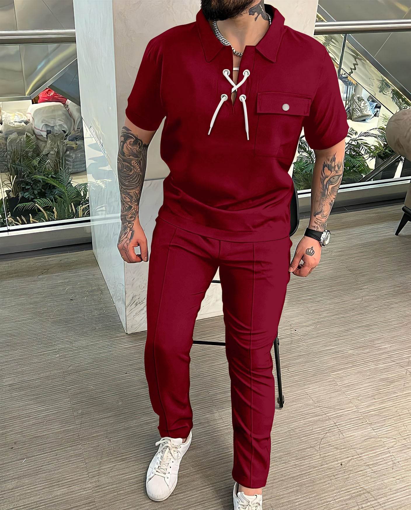 Buycenter Men's Casual Geometric T-shirt and Trousers Set - Short Sleeve - Buy Center