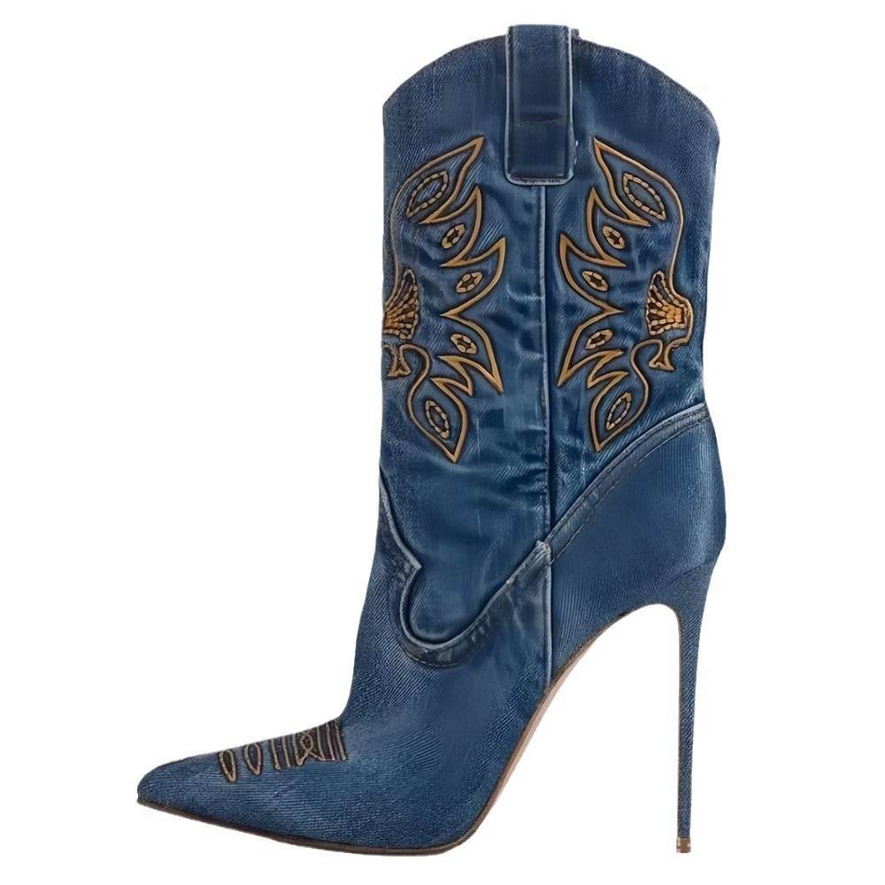 Stylish Women's Western High-Heel Boots - Stiletto, Denim & PU - Buy Center