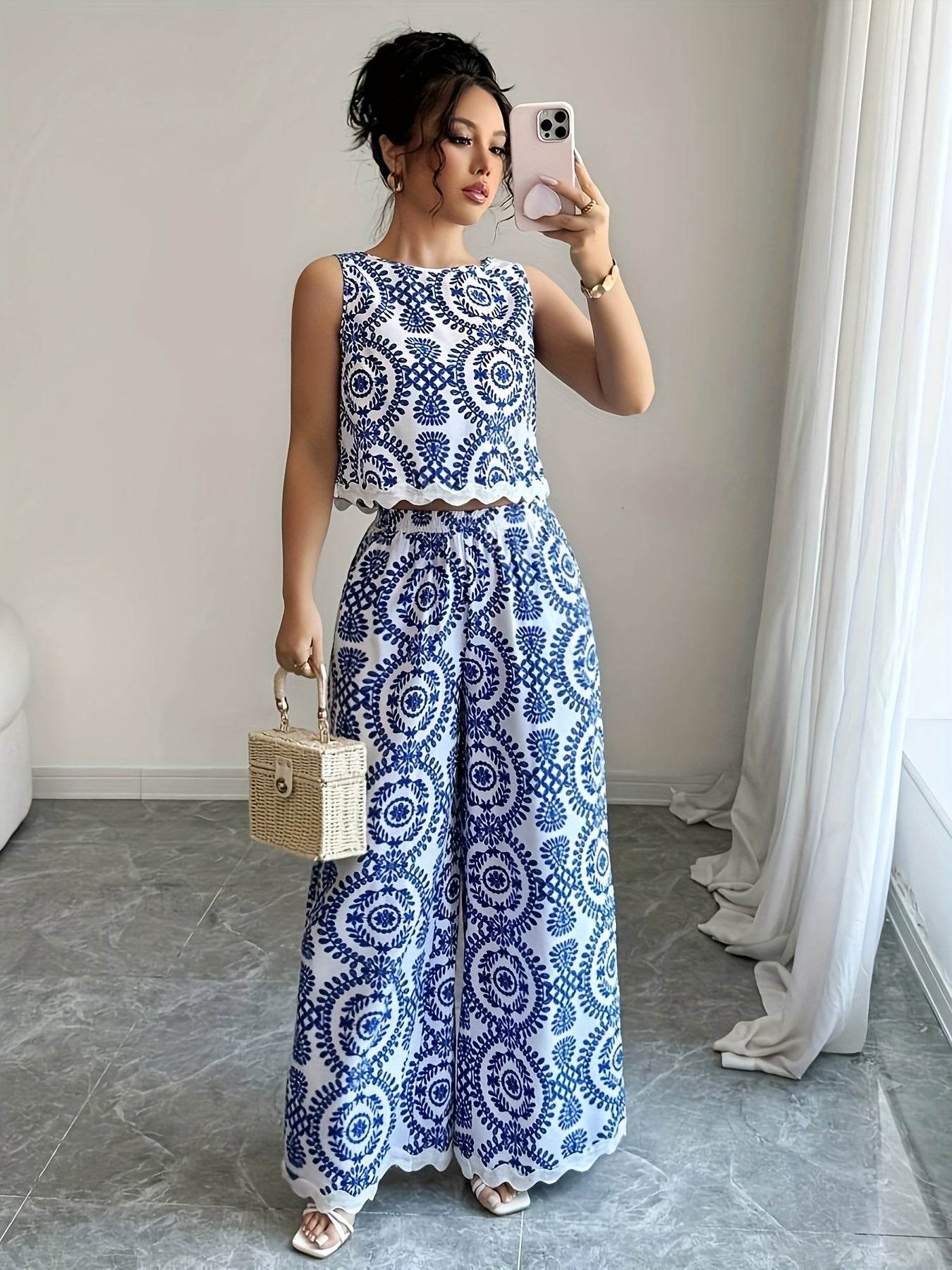 Elegant Women's 2pcs Set - Plant Pattern Top & Pants for All Seasons - Buy Center