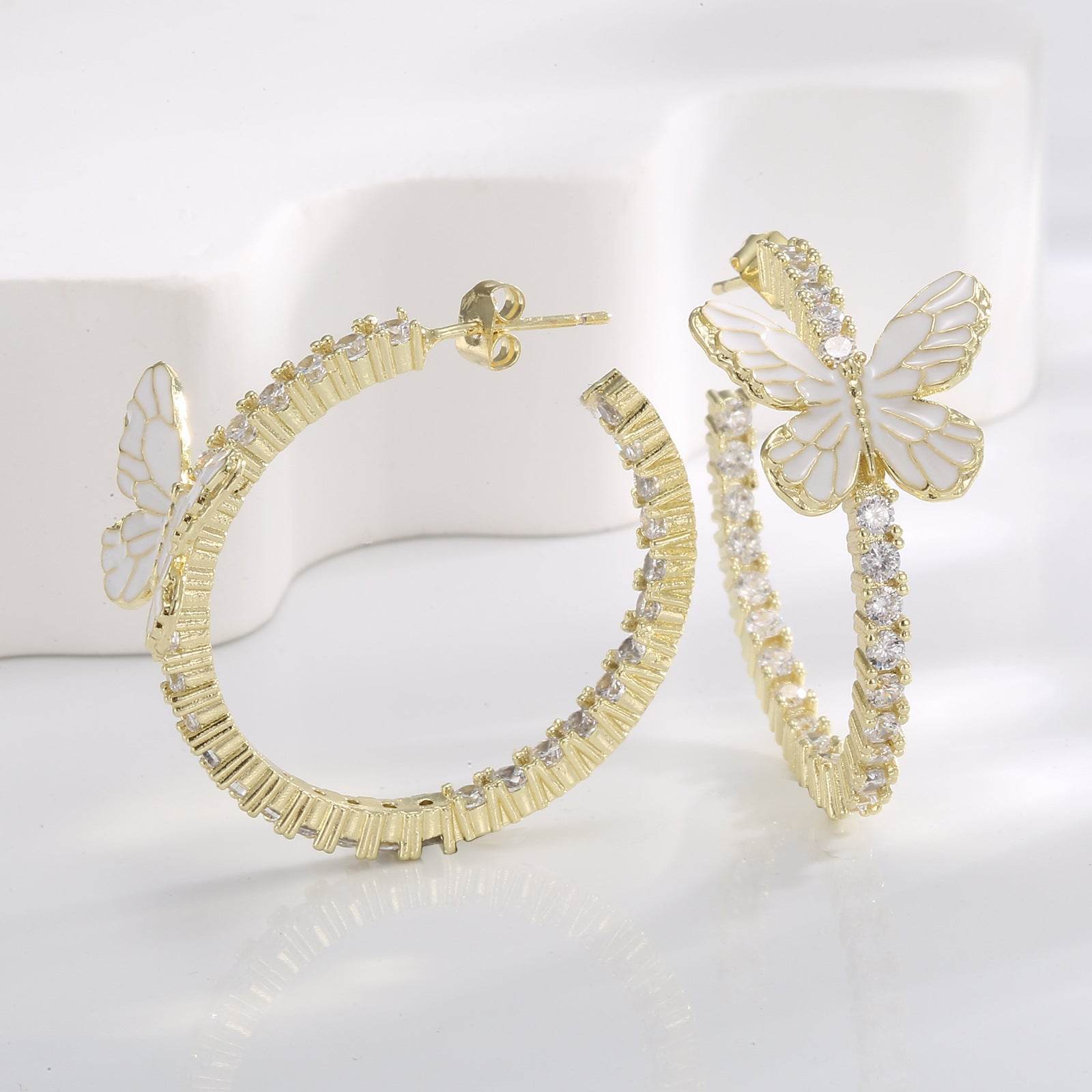Xin White Butterfly Earrings - Micro Inlaid Zircon, Elegant Copper Design - Buy Center