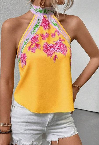 Buycenter Sleeveless Printed Tank Top - Notched Neck Halter Style - Buy Center