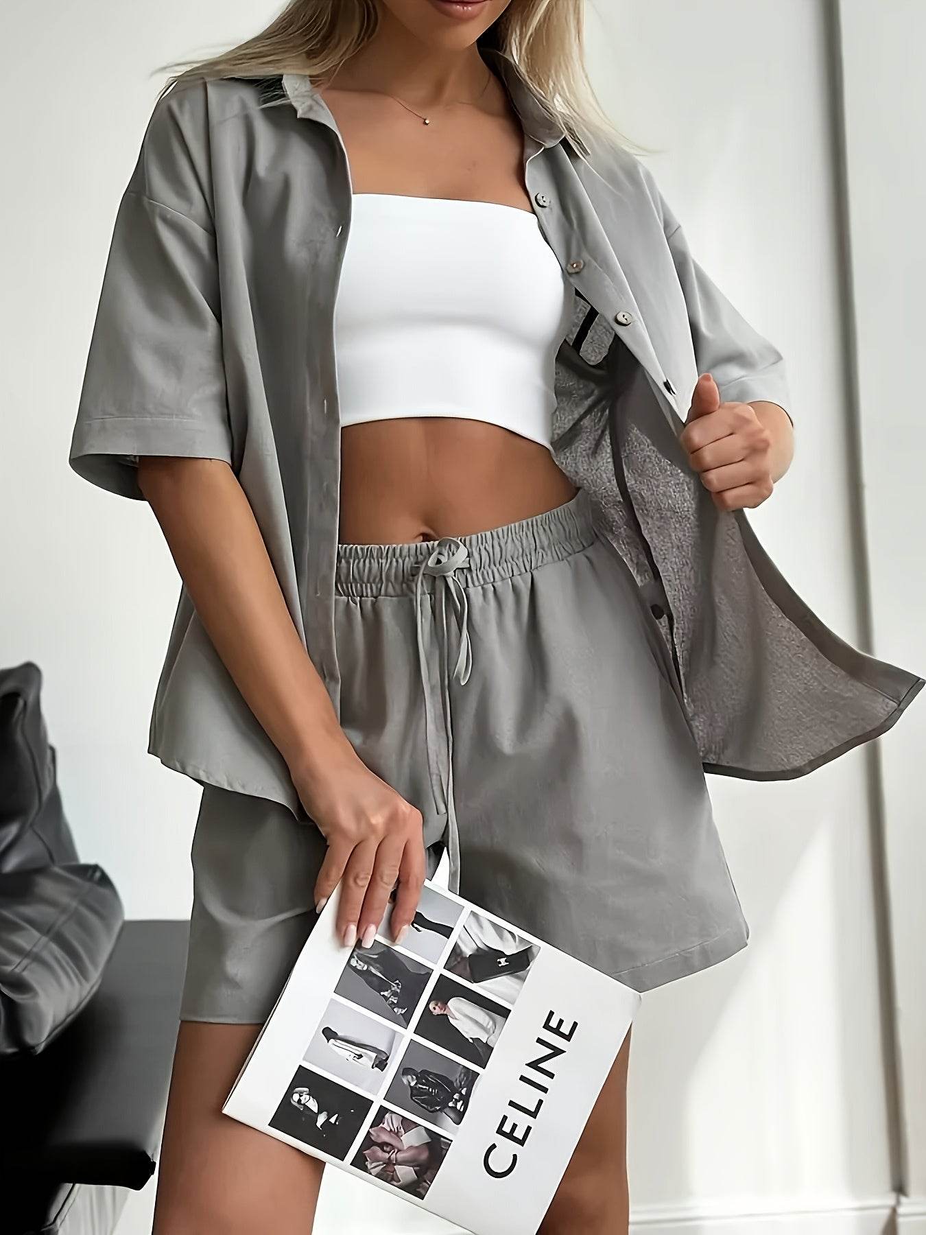 Women's Summer Two-Piece Set - Short Sleeve Shirt & Shorts - Buy Center